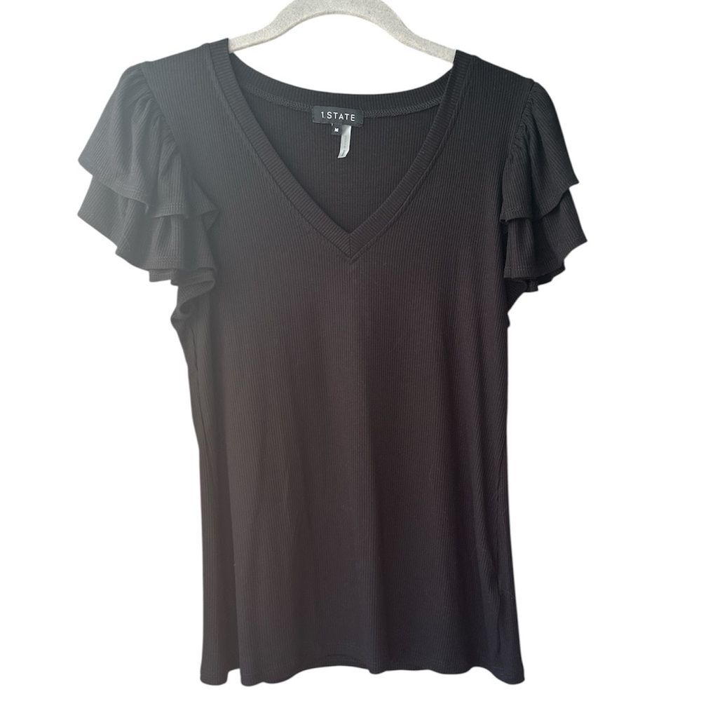 1State Black Knit Blouse Ruffle Sleeves Size M